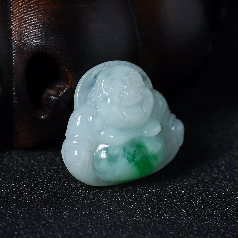 翡翠白底青笑佛-红掌柜