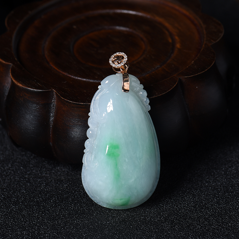 糯种翡翠白底飘翠福瓜吊坠-红掌柜