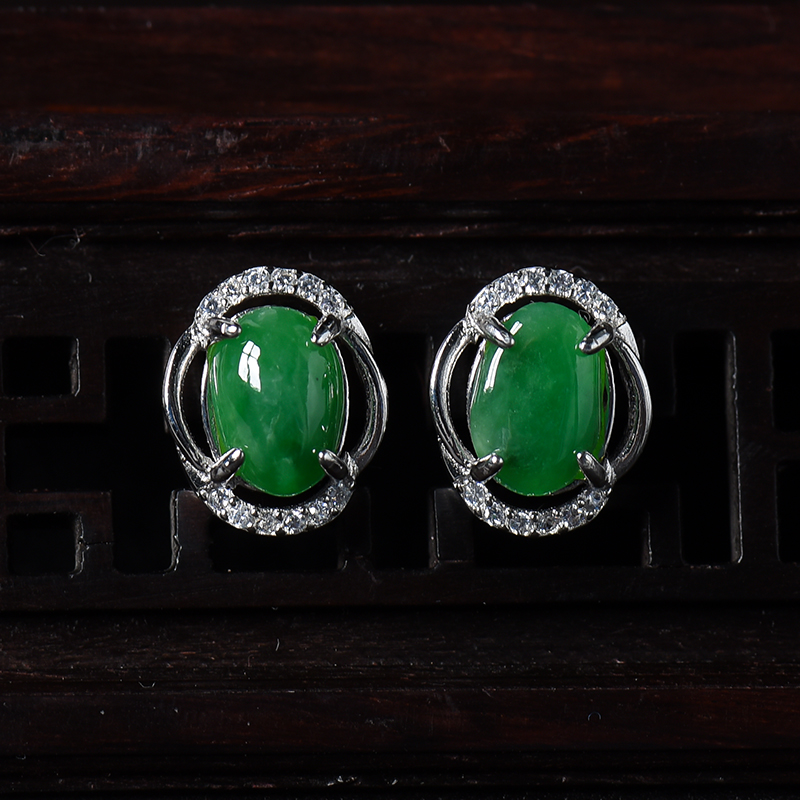 银镶冰糯种满绿翡翠耳钉-红掌柜