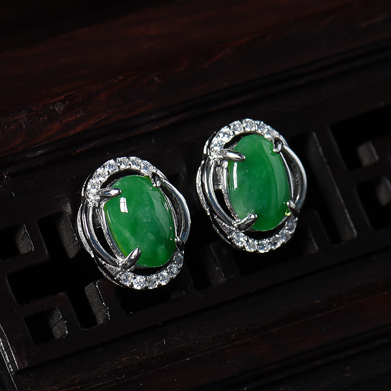 冰糯种满绿翡翠耳钉-红掌柜