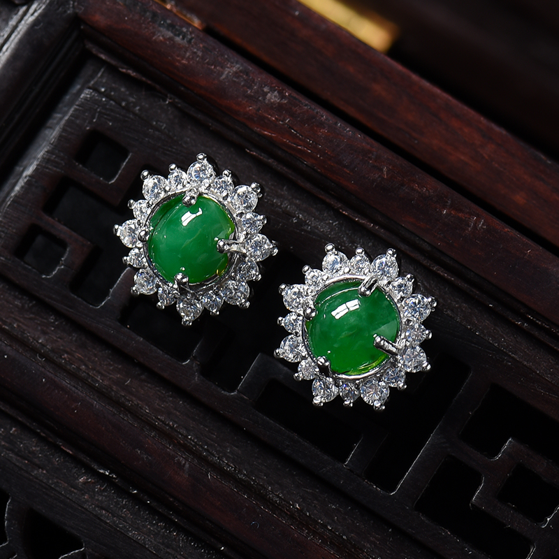 银镶满绿翡翠耳钉-红掌柜