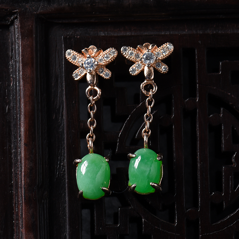银镶冰糯种满绿翡翠耳钉-红掌柜