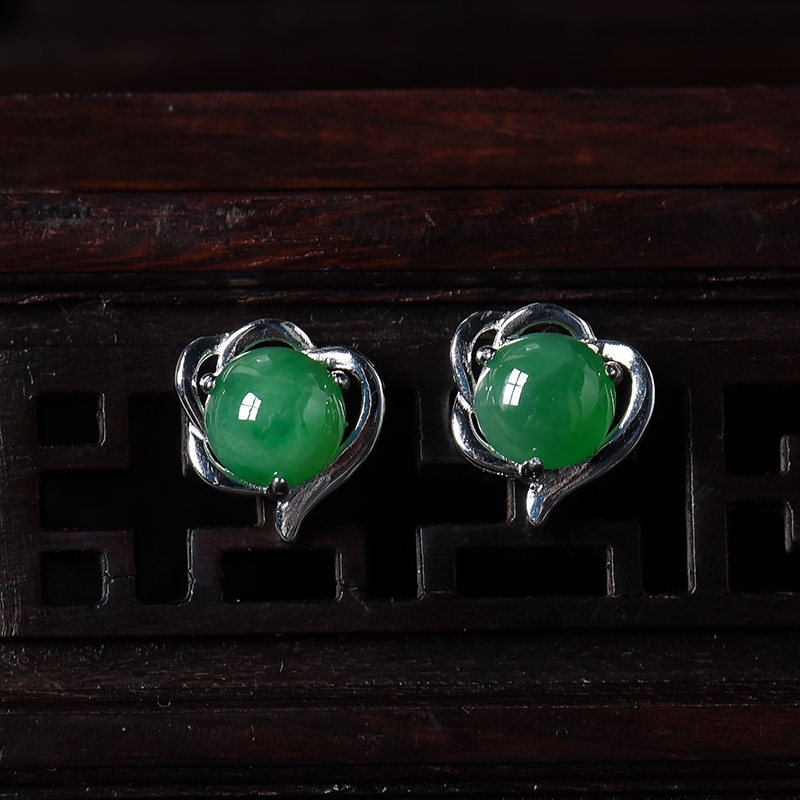 银镶冰糯种满绿翡翠耳钉-红掌柜