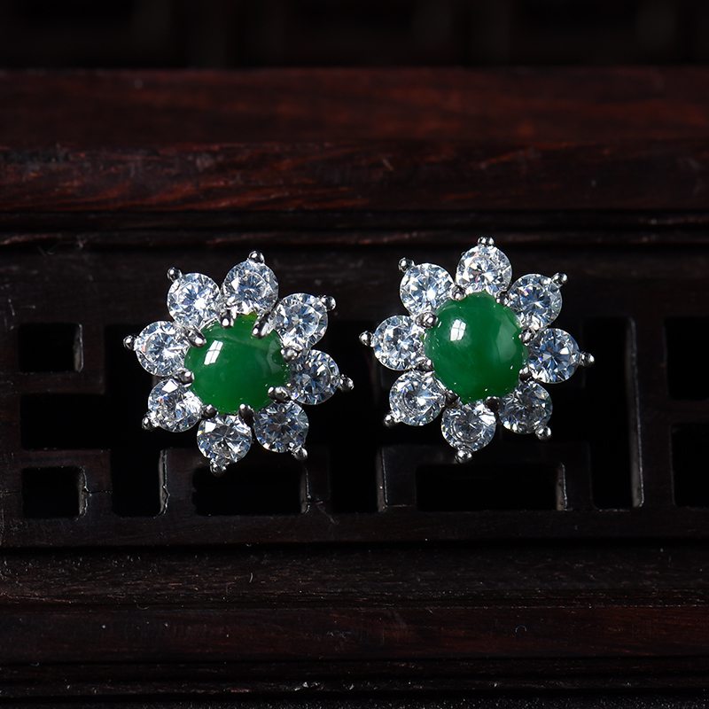 银镶冰糯种满绿翡翠耳钉-红掌柜