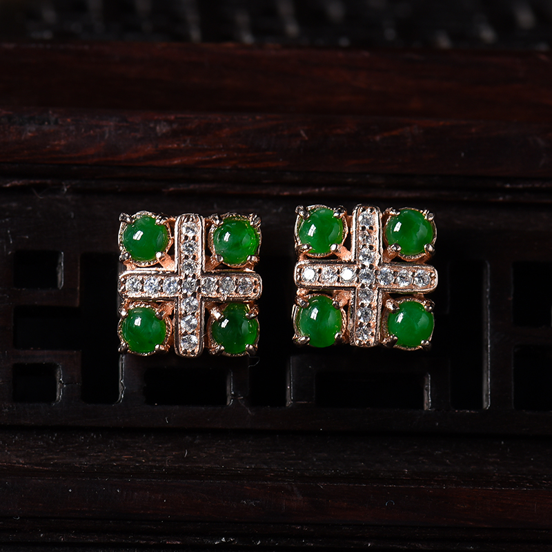 银镶冰糯种满绿翡翠耳钉-红掌柜
