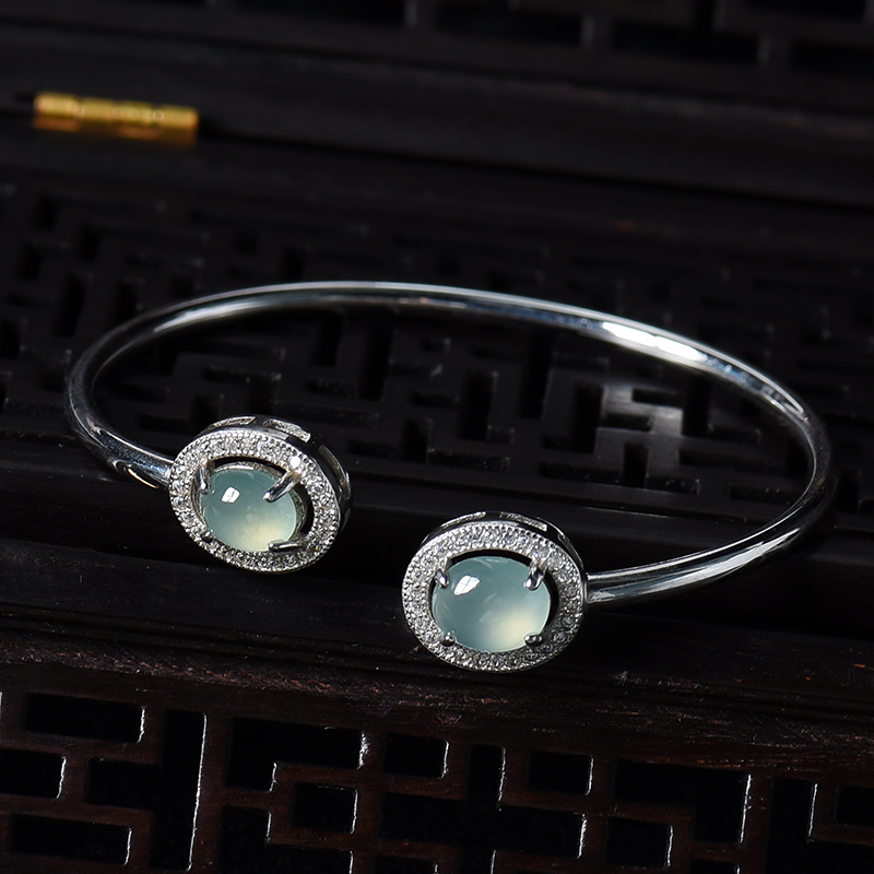 银镶冰种晴水翡翠蛋面手镯-红掌柜