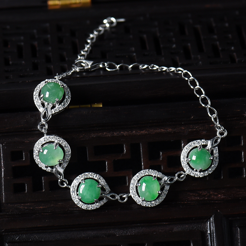 银镶糯冰种翠绿翡翠手链-红掌柜