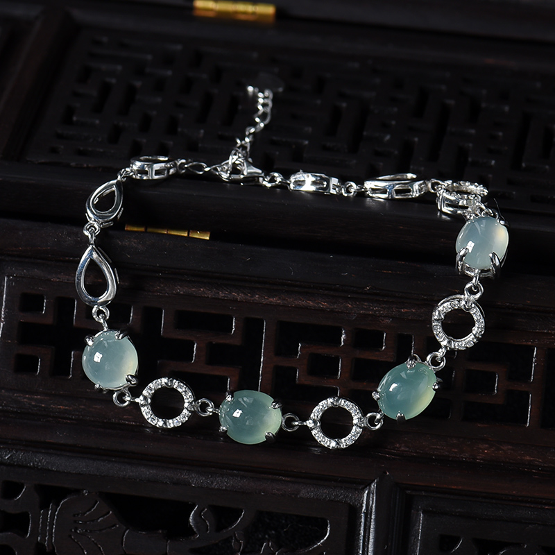 银镶糯冰种晴水翡翠手链-红掌柜