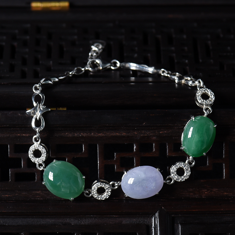银镶糯冰种春带彩翡翠手链-红掌柜