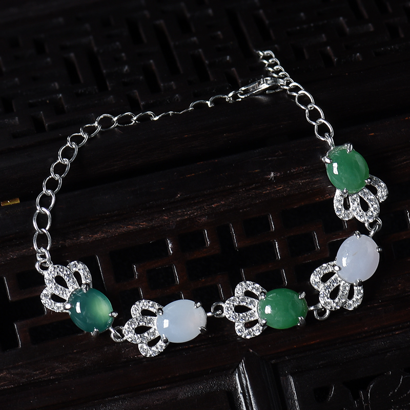 银镶糯冰种春带彩翡翠手链-红掌柜