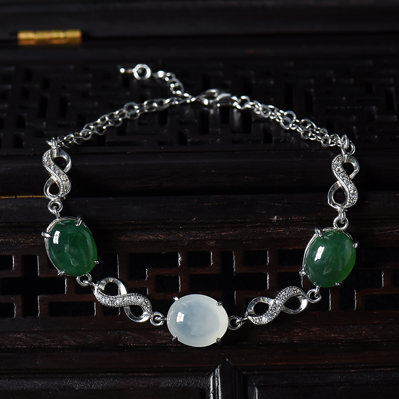 银镶糯冰种春带彩翡翠手链-红掌柜