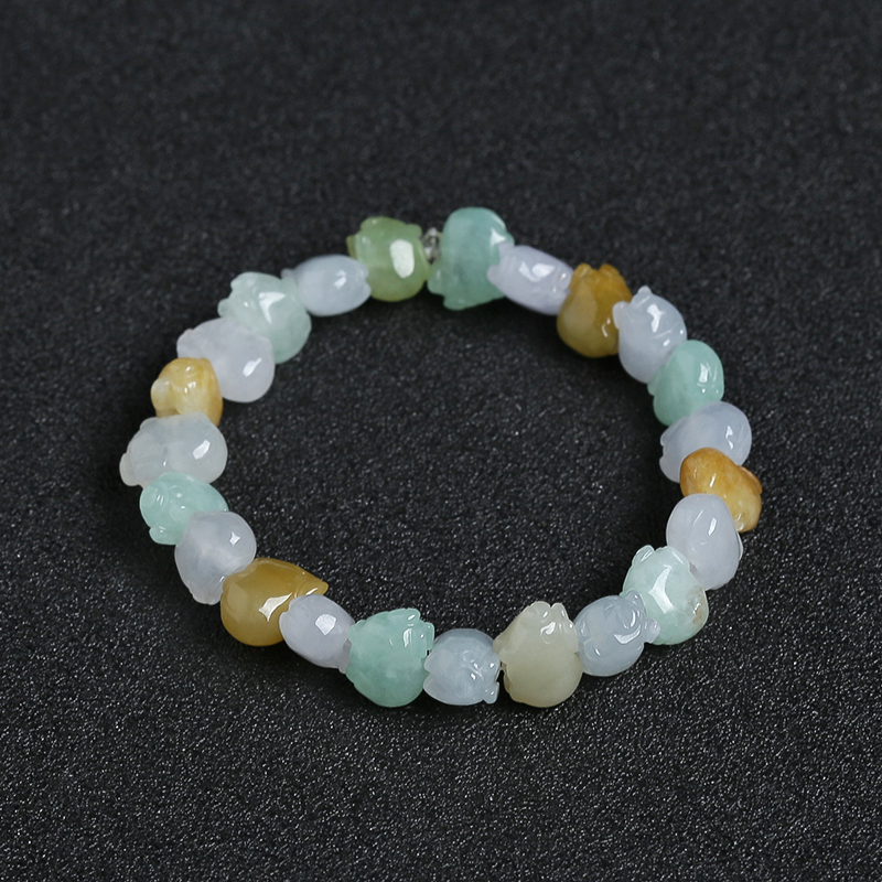 天然糯冰种三彩翡翠发财猪手串-红掌柜