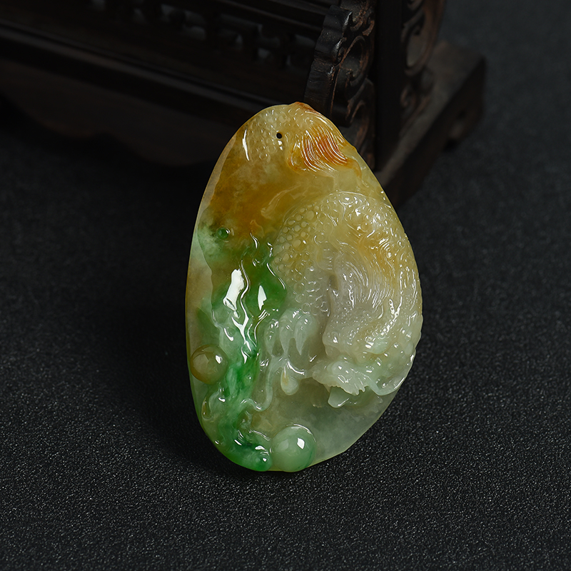 缅甸A货天然糯种翡翠俏色龙牌吊坠 - 红掌柜