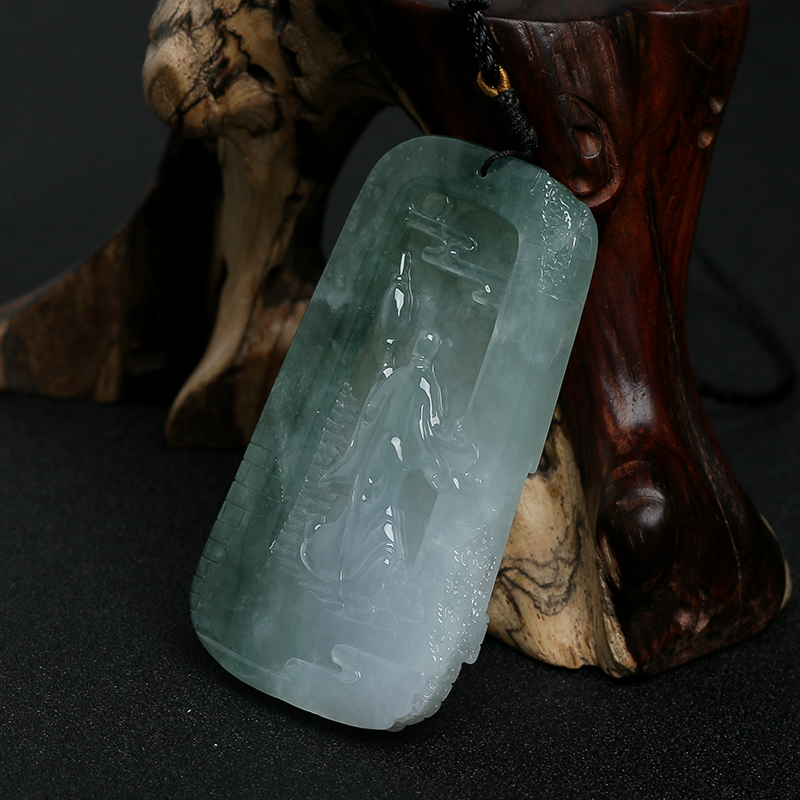 天然冰糯种浅绿翡翠悟道牌子挂件-红掌柜