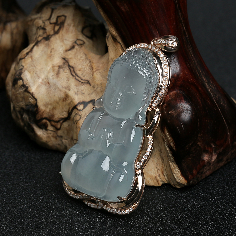 18K金镶钻天然冰种翡翠宝宝佛挂件-红掌柜