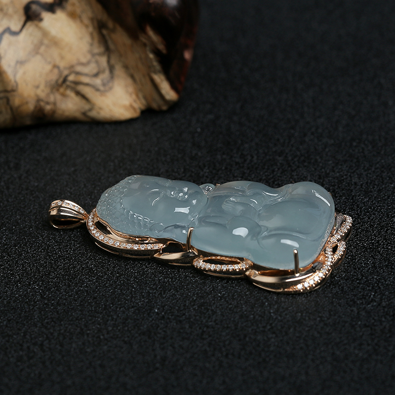 18K金镶钻缅甸天然翡翠宝宝佛挂件-红掌柜