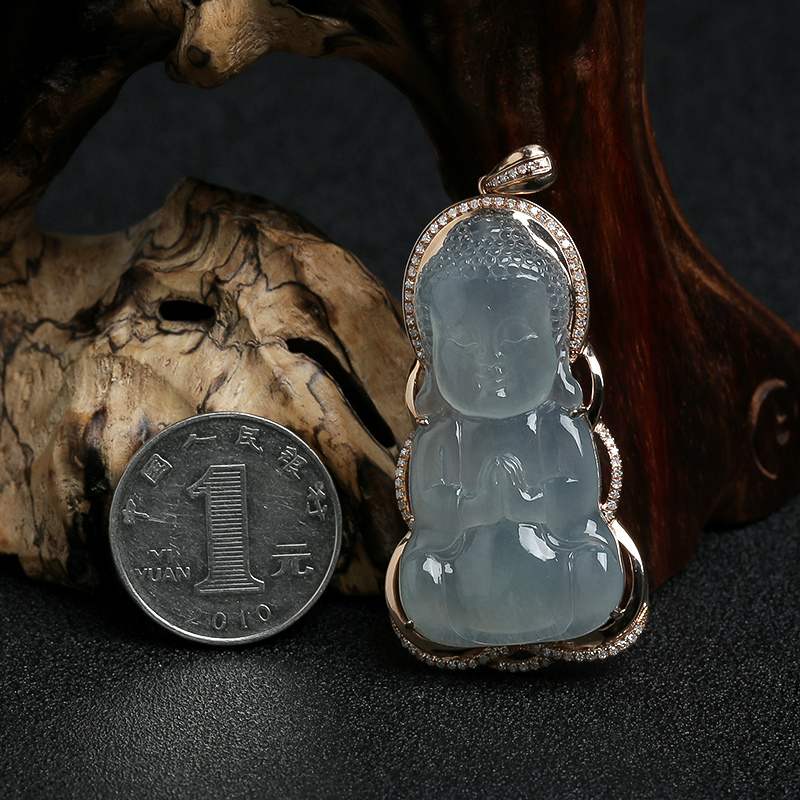 18K金镶钻冰种翡翠宝宝佛挂件-红掌柜