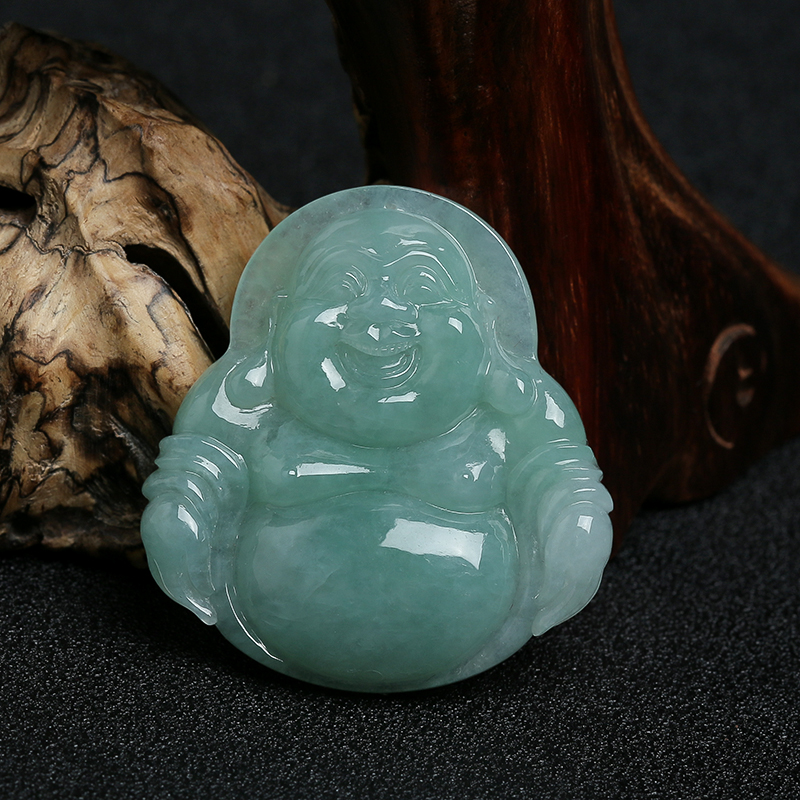 缅甸天然冰糯种浅绿翡翠弥勒佛挂件-红掌柜