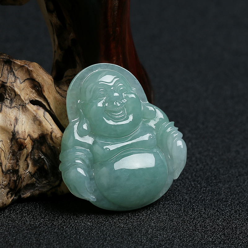 缅甸冰糯种浅绿翡翠弥勒佛挂件-红掌柜