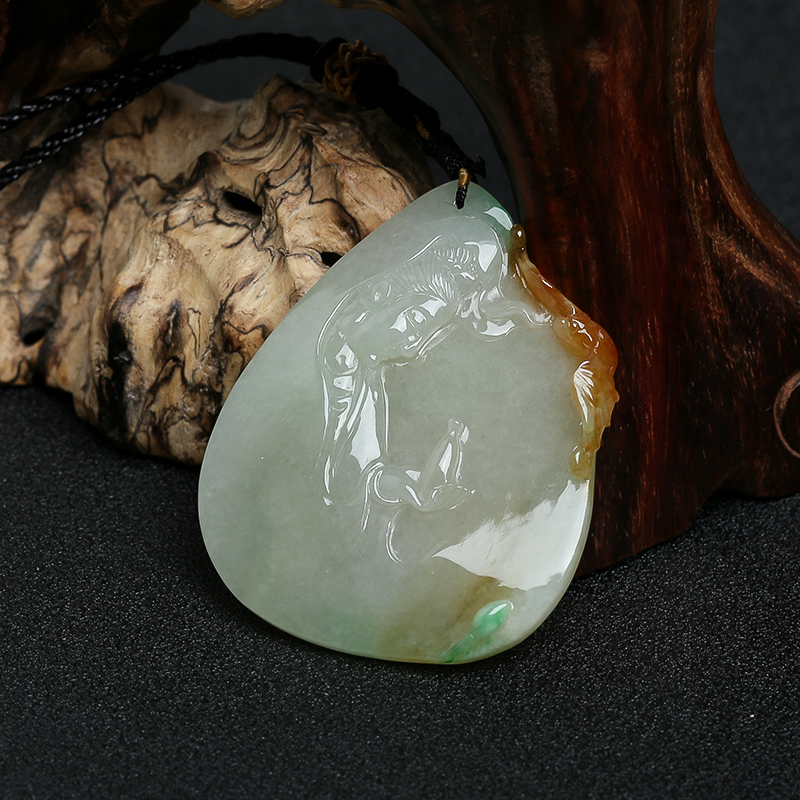 天然糯种黄加绿翡翠观音挂件-红掌柜