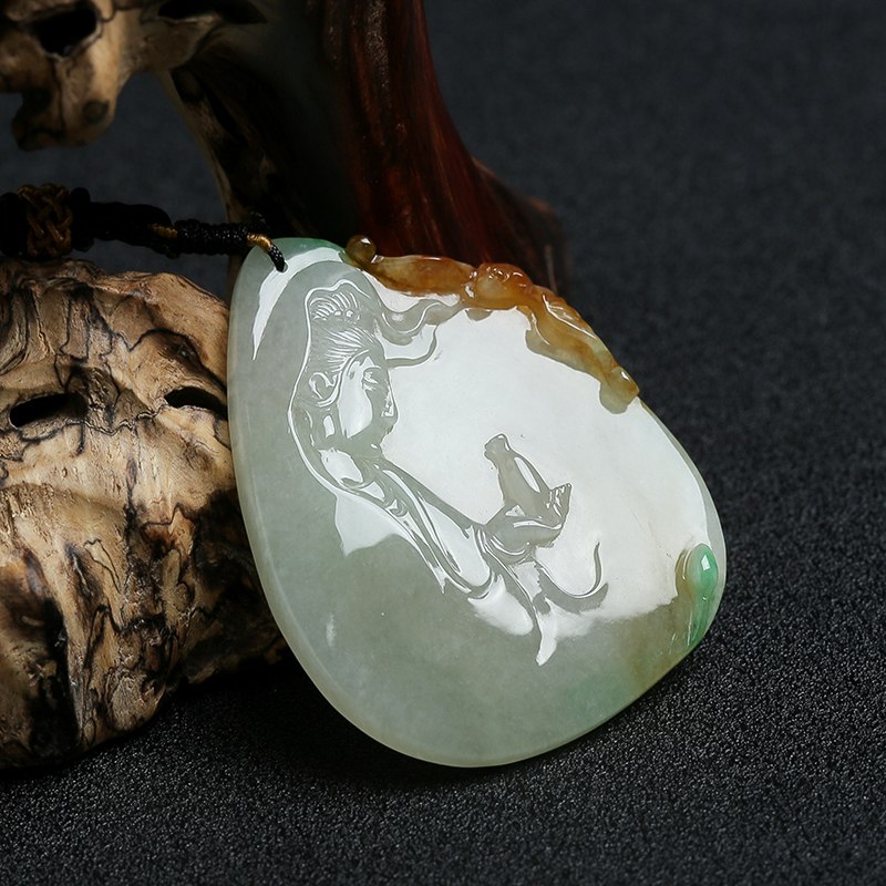 缅甸糯种黄加绿翡翠观音挂件-红掌柜