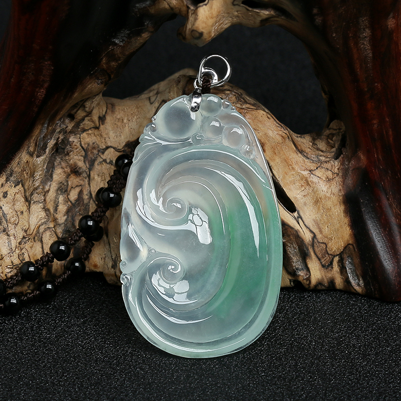 缅甸天然飘绿翡翠如意挂件-红掌柜