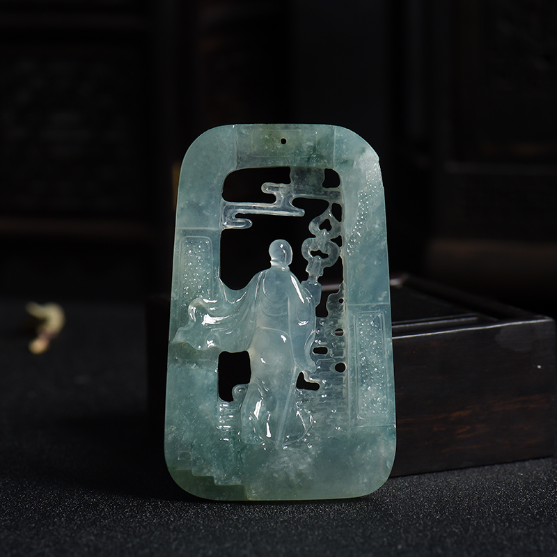 冰种浅绿飘花翡翠行者吊坠-红掌柜