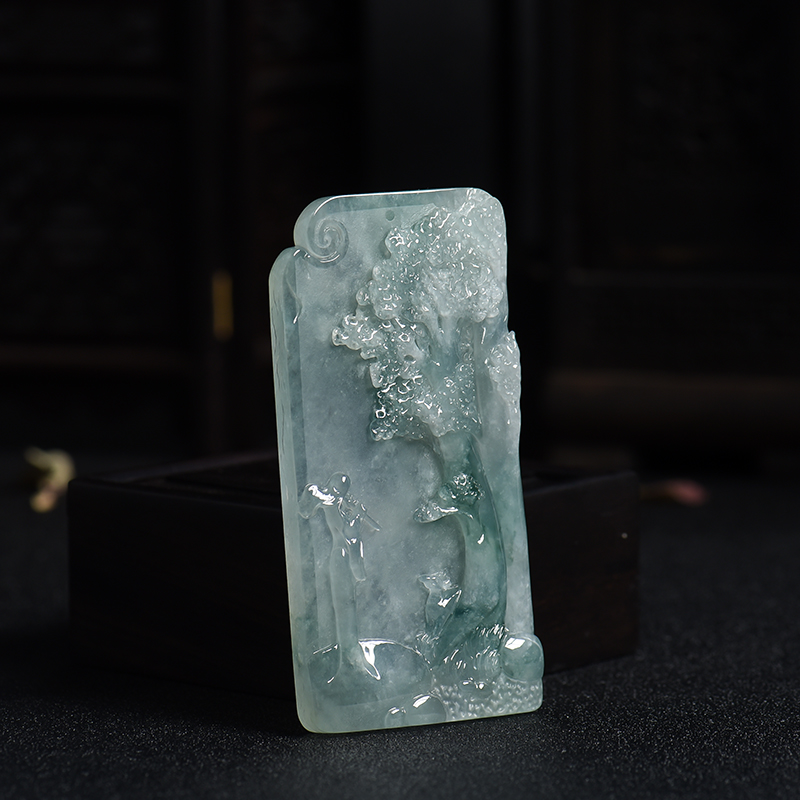 糯冰种飘花翡翠吹笛引鹿吊坠-红掌柜