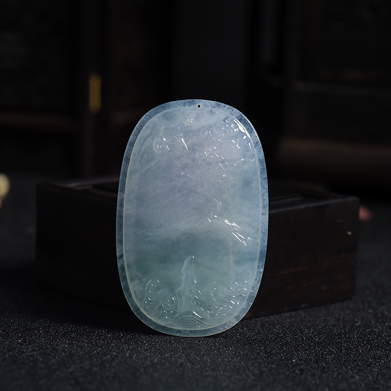 冰糯种半绿半紫翡翠山水牌-红掌柜