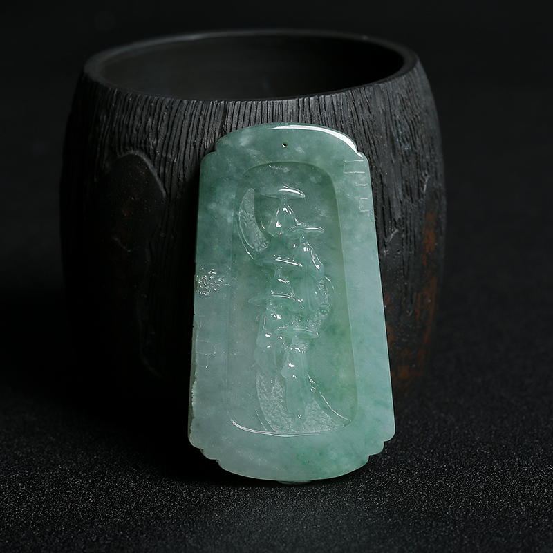 缅甸A货天然糯种灰绿翡翠悟道吊坠 - 红掌柜