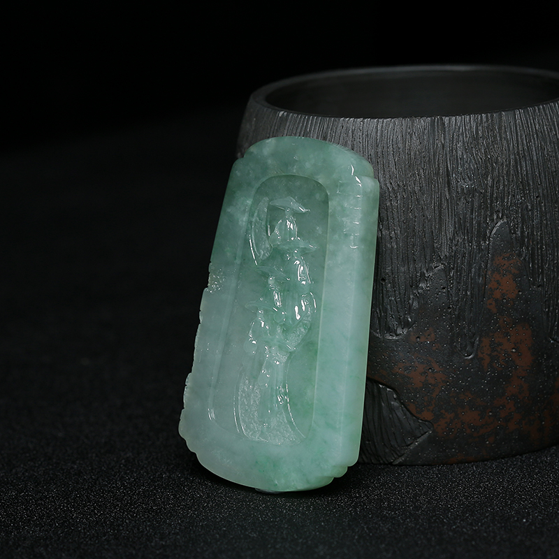 糯种灰绿翡翠悟道吊坠 - 红掌柜