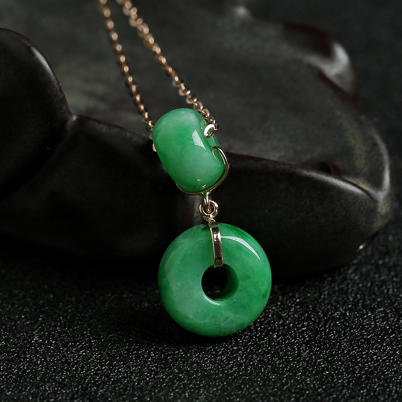 缅甸A货天然18K金镶钻糯种翠绿翡翠路路通项链 - 红掌柜