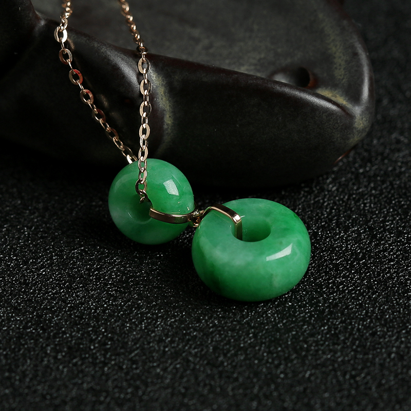 天然18K金镶钻糯种翠绿翡翠路路通项链 - 红掌柜