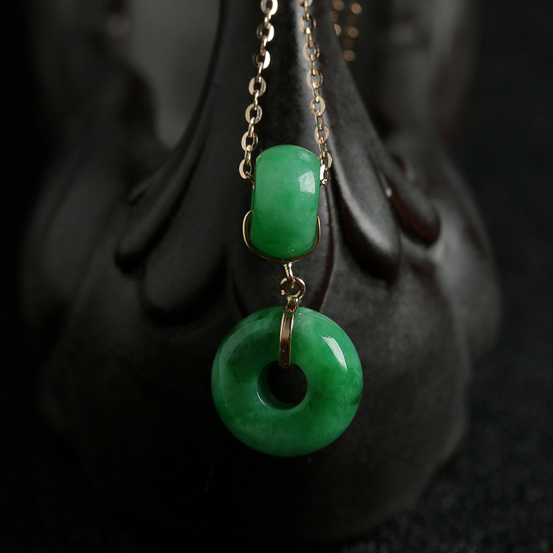 K金镶钻糯种翠绿翡翠路路通项链 - 红掌柜