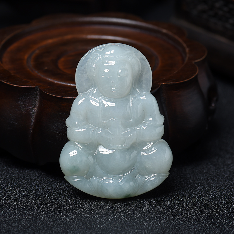 缅甸A货天然糯种油青飘翠翡翠观音吊坠 - 红掌柜