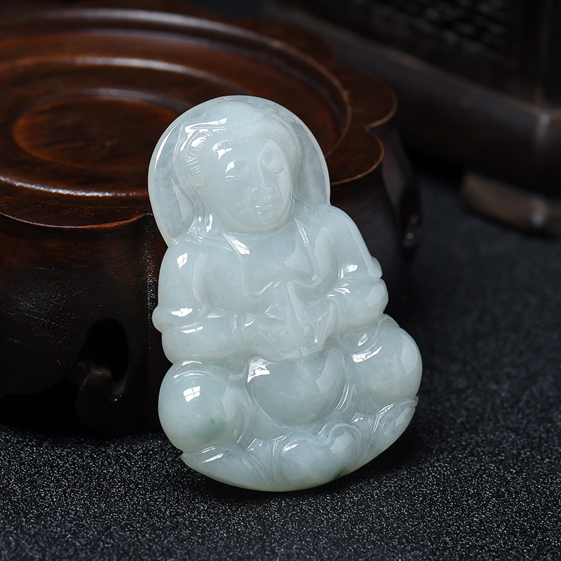 A货天然糯种油青飘翠翡翠观音吊坠 - 红掌柜