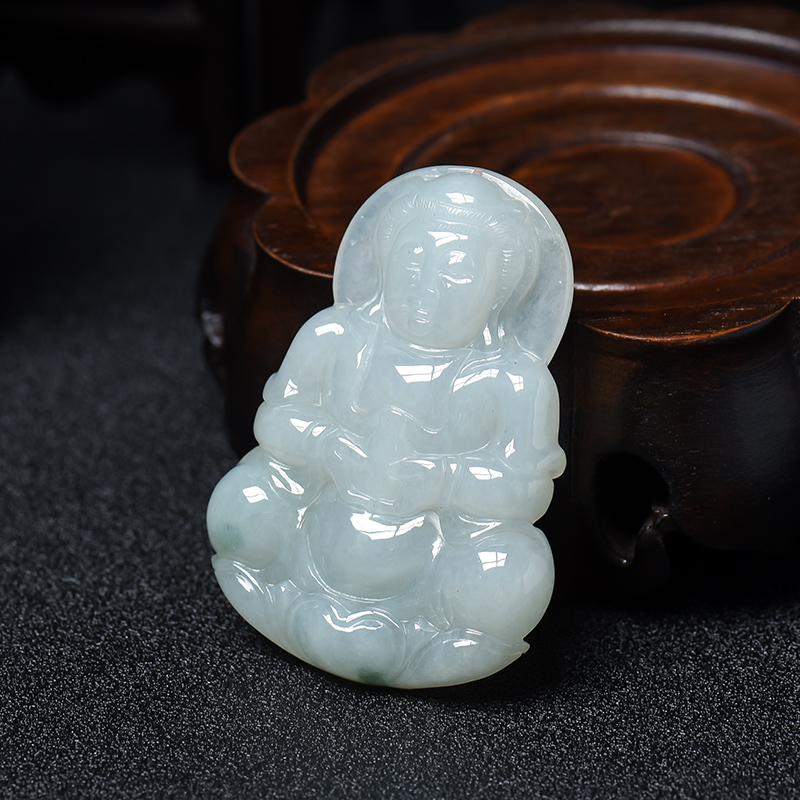 天然糯种油青飘翠翡翠观音吊坠 - 红掌柜