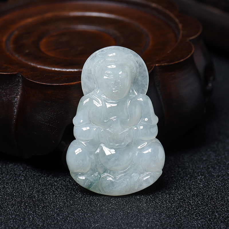 缅甸A货天然糯种油青飘翠翡翠观音吊坠 - 红掌柜