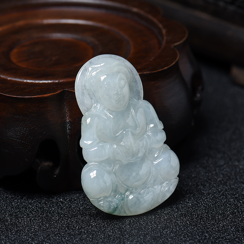 A货天然糯种油青飘翠翡翠观音吊坠 - 红掌柜