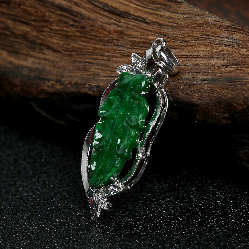 A货天然18K金镶糯种满绿翡翠叶子吊坠 - 红掌柜