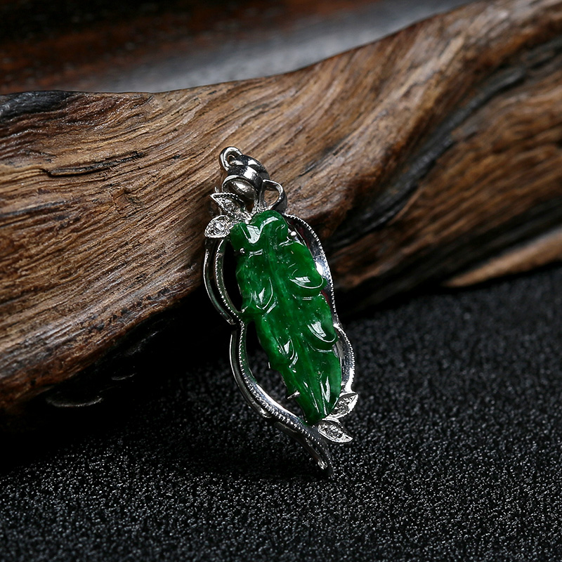 天然18K金镶糯种满绿翡翠叶子吊坠 - 红掌柜