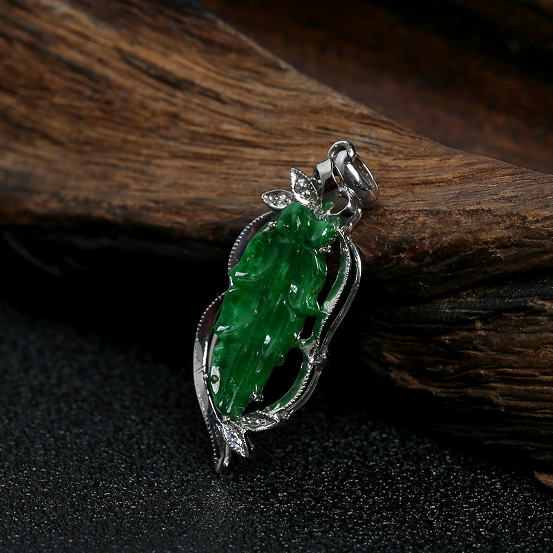 A货天然18K金镶糯种满绿翡翠叶子吊坠 - 红掌柜