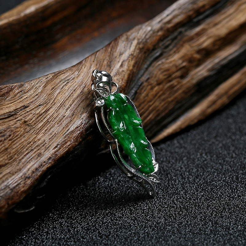 天然18K金镶糯种满绿翡翠叶子吊坠 - 红掌柜