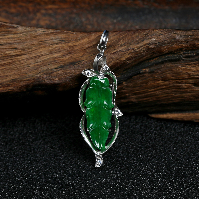 缅甸A货天然18K金镶糯种满绿翡翠叶子吊坠 - 红掌柜