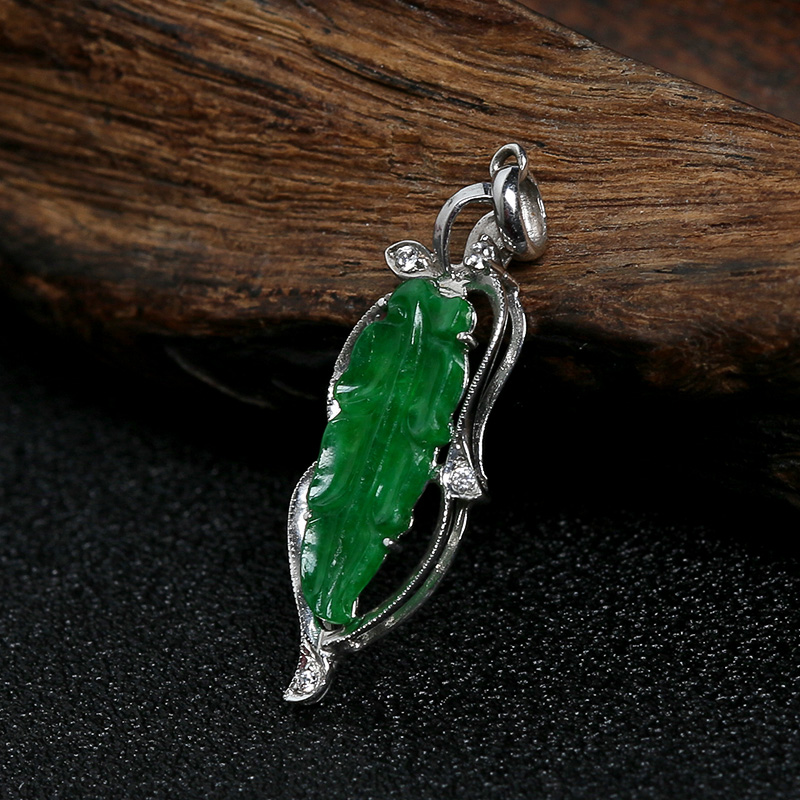 A货天然18K金镶糯种满绿翡翠叶子吊坠 - 红掌柜