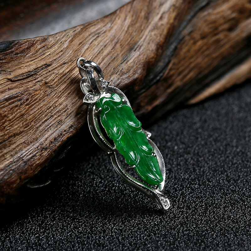 A货天然18K金镶糯种满绿翡翠叶子吊坠 - 红掌柜