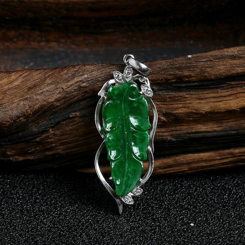 缅甸A货天然18K金镶糯种满绿翡翠叶子吊坠 - 红掌柜