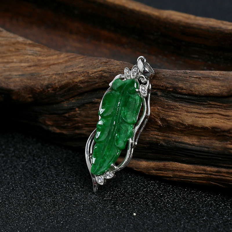 A货天然18K金镶糯种满绿翡翠叶子吊坠 - 红掌柜