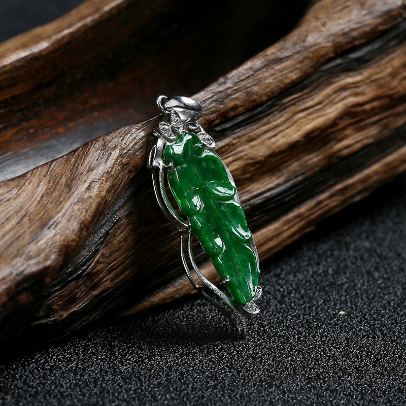 天然18K金镶糯种满绿翡翠叶子吊坠 - 红掌柜