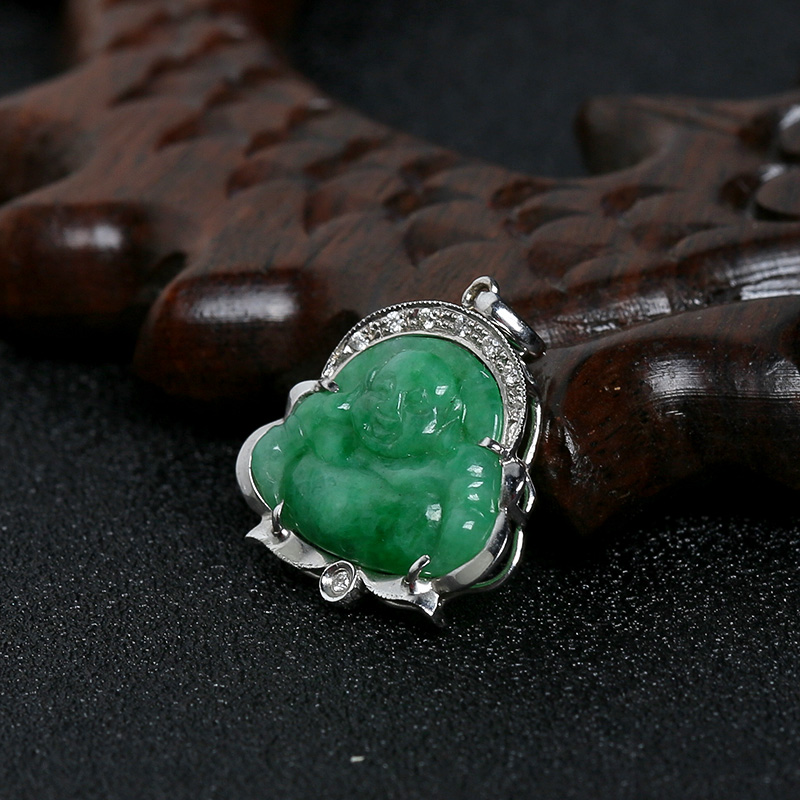 A货天然18K金镶糯种满绿翡翠笑佛吊坠 - 红掌柜